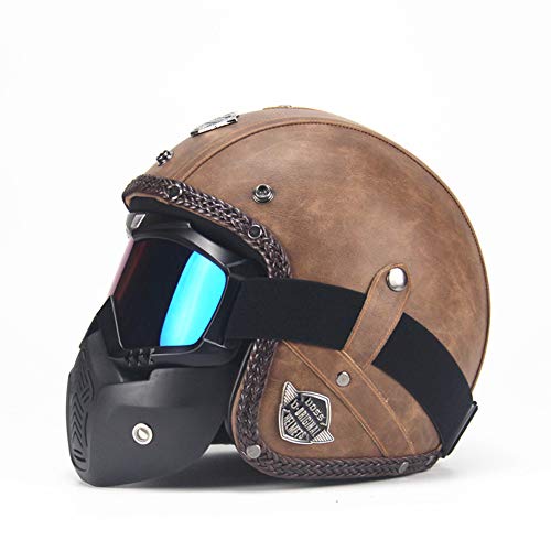 CARACHOME Casco Jet Moto Vintage con Máscara De Gafas Desmontables, Casco Integral A Prueba De Viento Y Arena, Casco Astronauta para Electrico Scooter Motocross Patinete,Brown,XL