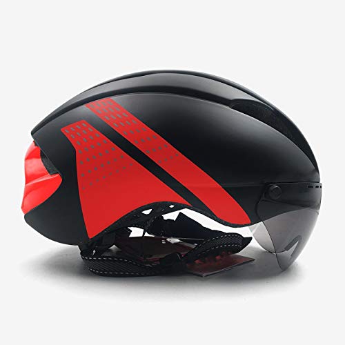 Casco Casco Casco contrarreloj Ciclismo Casco para Hombres Mujeres Gafas Carrera Casco de Bicicleta de Carretera con Lente Equipo de Bicicleta Black Red 1 Lens