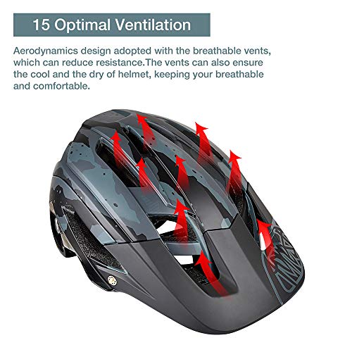 Casco de Ciclismo, 300g 56-60cm Casco Ligero de Bicicleta de Montaña con Visera Desmontable, Ajuste Ajustable, 15 Vetns MTB Asco para Hombres y Mujeres Adultos,Grigio + Nero