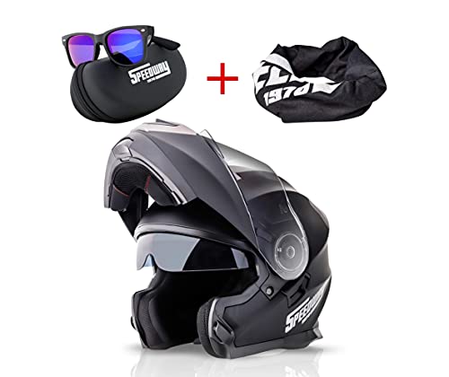 Casco Moto Modular Speedway OSMA Casco de Moto Scooter para Mujer Hombre Adultos con Doble Visera -Negro Mate y Blanco (S (55-56 cm), Negro - Mate)