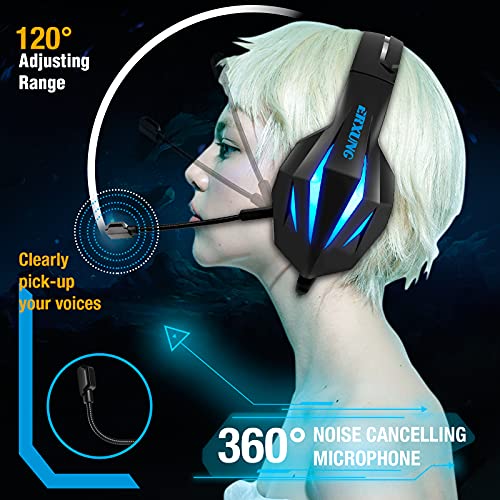 Cascos Gaming PS4 Switch, Auriculares Gaming Xbox One con Micrófono Reducción de Ruido, 50mm Drivers Sonido Envolvente y Luz LED,Auriculares para Juegos PS4 PS5 PC Mac Tableta(Azul)