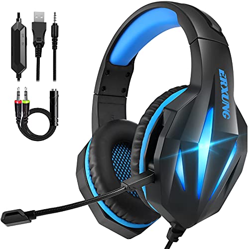 Cascos Gaming PS4 Switch, Auriculares Gaming Xbox One con Micrófono Reducción de Ruido, 50mm Drivers Sonido Envolvente y Luz LED,Auriculares para Juegos PS4 PS5 PC Mac Tableta(Azul)