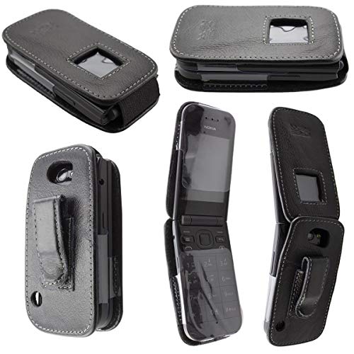 caseroxx Bolsa de Cuero con Clip para el cinturón para Nokia 2720 Flip, Funda Carcasa de Cuero Real en Negro