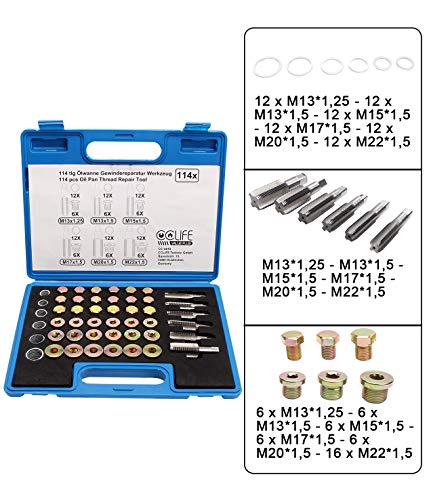 CCLIFE 114pcs Juego de reparacion para rosca carter llaves para reparación de tapones de cárter M13-M22