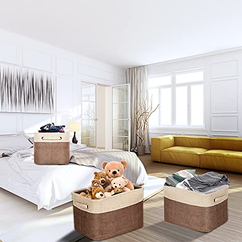 Cesta Almacenamiento de Tela Rectangular, Grande Contenedors de Caja de Almacenamiento plegables con Asa, para Ropa, Juguetes, Cuarto de los Niños, Libros, Almacenaje Oficina, Marrón/Beige (3 Piezas)