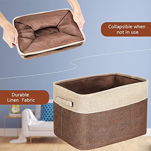 Cesta Almacenamiento de Tela Rectangular, Grande Contenedors de Caja de Almacenamiento plegables con Asa, para Ropa, Juguetes, Cuarto de los Niños, Libros, Almacenaje Oficina, Marrón/Beige (3 Piezas)