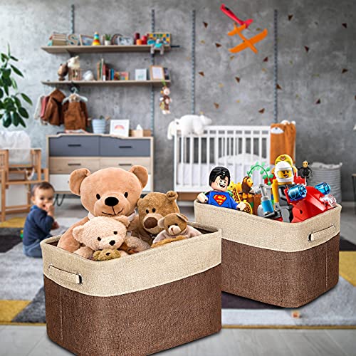 Cesta Almacenamiento de Tela Rectangular, Grande Contenedors de Caja de Almacenamiento plegables con Asa, para Ropa, Juguetes, Cuarto de los Niños, Libros, Almacenaje Oficina, Marrón/Beige (3 Piezas)