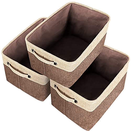 Cesta Almacenamiento de Tela Rectangular, Grande Contenedors de Caja de Almacenamiento plegables con Asa, para Ropa, Juguetes, Cuarto de los Niños, Libros, Almacenaje Oficina, Marrón/Beige (3 Piezas)