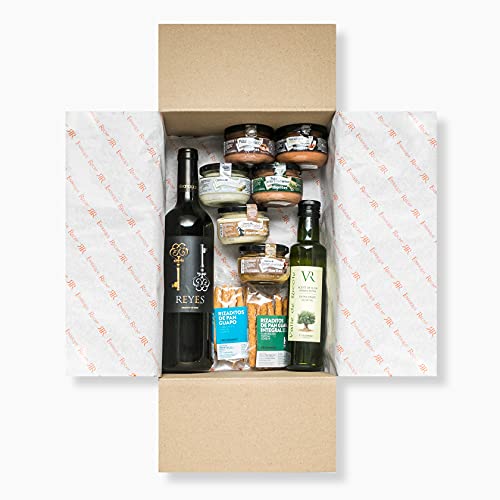 Cesta Gourmet Regalo - Lote Gourmet con Patés y Cremas de Queso - Vino Tinto Reyes, Pack de Pates y Cremas de Queso, Aceite de Oliva y Rizaditos de Pan Guapo - Pack Gourmet Caja Regalo para Picoteo