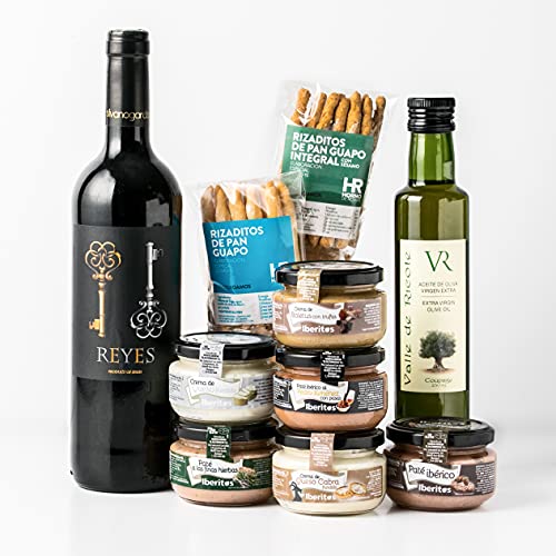 Cesta Gourmet Regalo - Lote Gourmet con Patés y Cremas de Queso - Vino Tinto Reyes, Pack de Pates y Cremas de Queso, Aceite de Oliva y Rizaditos de Pan Guapo - Pack Gourmet Caja Regalo para Picoteo