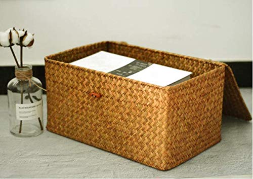Cestas Almacenaje Mimbre con Tapa, Cestas de Tejida Rectangular, Cestas de Ratán para Lavandería, Baño, Cocina, 4 piezas