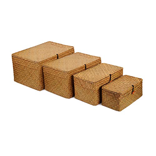 Cestas Almacenaje Mimbre con Tapa, Cestas de Tejida Rectangular, Cestas de Ratán para Lavandería, Baño, Cocina, 4 piezas