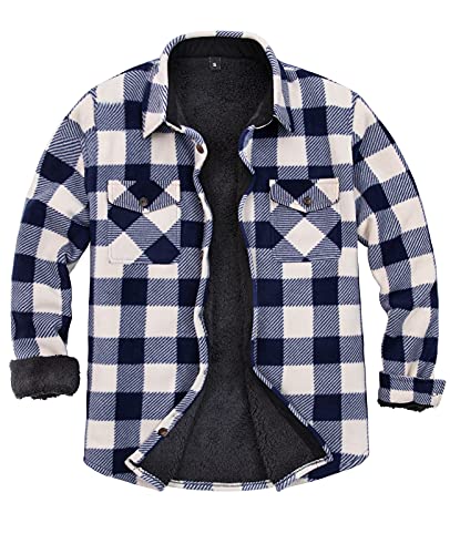 Chaqueta de franela con forro de borreguillo cálido para hombre (toda la chaqueta con forro de borreguillo), Azul marino/flor y brillo, Medium