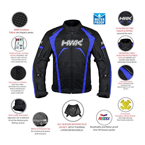 Chaqueta de motocicleta para hombre de equitación HWK textil Racing Moto Hi-Vis Biker CE Blindado Chaquetas impermeables (azul, M)