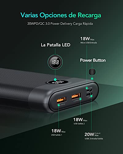 Charmast Power Bank 30000mAh Batería Externa USB C 20W Carga Rápida QC 3.0 Power Delivery con 3 Salidas 2 Entrdas Cargador Compatible con Teléfonos