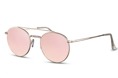 Cheapass Gafas de Sol Redondas Doradas Metálicas Puente Doble con Cristales Rosas Espejados Protección UV400 Mujer