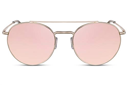 Cheapass Gafas de Sol Redondas Doradas Metálicas Puente Doble con Cristales Rosas Espejados Protección UV400 Mujer