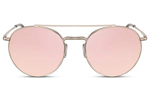 Cheapass Gafas de Sol Redondas Doradas Metálicas Puente Doble con Cristales Rosas Espejados Protección UV400 Mujer