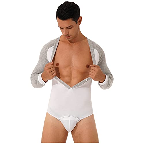 CHICTRY Maillot de Danza Hombre Ballet Rumba Tanga Latino Camiseta Leotardo de Patinaje Manga Largo Cuello en V Satén Traje de Competencia Blanco A XL