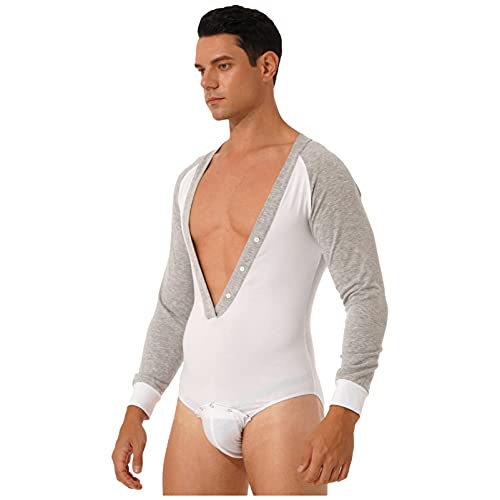 CHICTRY Maillot de Danza Hombre Ballet Rumba Tanga Latino Camiseta Leotardo de Patinaje Manga Largo Cuello en V Satén Traje de Competencia Blanco A XL