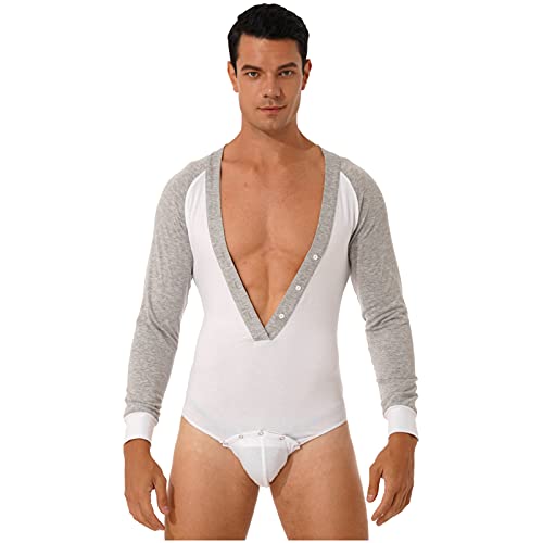 CHICTRY Maillot de Danza Hombre Ballet Rumba Tanga Latino Camiseta Leotardo de Patinaje Manga Largo Cuello en V Satén Traje de Competencia Blanco A XL