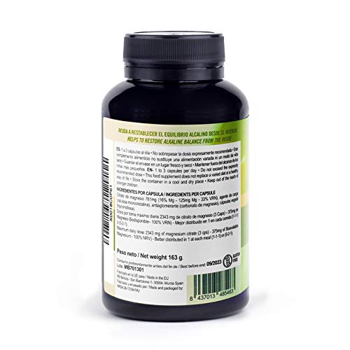 Citrato de Magnesio 2400mg | Efecto Alcalino | Alta Dosis de Magnesio Elemental Puro | 375mg de Biodisponibilidad | Suplemento 180 Cápsulas | Más Oxígeno y Energía | Reduce Cansancio y Mejora el Sueño