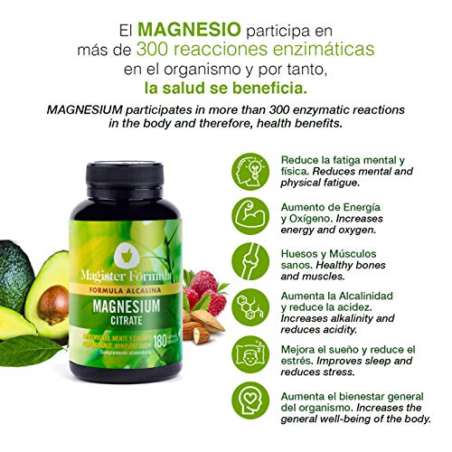 Citrato de Magnesio 2400mg | Efecto Alcalino | Alta Dosis de Magnesio Elemental Puro | 375mg de Biodisponibilidad | Suplemento 180 Cápsulas | Más Oxígeno y Energía | Reduce Cansancio y Mejora el Sueño