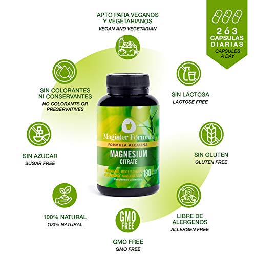 Citrato de Magnesio 2400mg | Efecto Alcalino | Alta Dosis de Magnesio Elemental Puro | 375mg de Biodisponibilidad | Suplemento 180 Cápsulas | Más Oxígeno y Energía | Reduce Cansancio y Mejora el Sueño