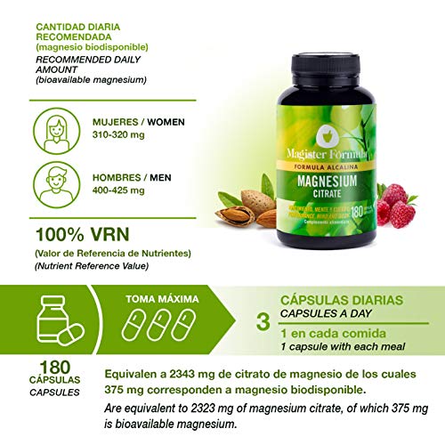 Citrato de Magnesio 2400mg | Efecto Alcalino | Alta Dosis de Magnesio Elemental Puro | 375mg de Biodisponibilidad | Suplemento 180 Cápsulas | Más Oxígeno y Energía | Reduce Cansancio y Mejora el Sueño