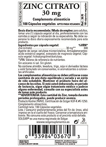 Citrato de Zinc 100 cápsulas de 30 mg de Solgar