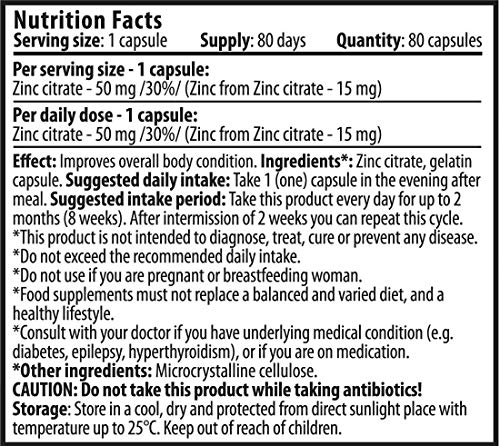 Citrato de zinc | 50mg x 80 cápsulas (Zinc de 15mg de citrato de zinc) | Suministro para 80 días | Suplemento de soporte del sistema inmunitario | Mantenimiento de la piel | por Cvetita Herbal