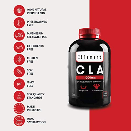 CLA - Ácido Linoleico Conjugado | 1000mg x 180 perlas | Crecimiento Muscular y Reducción de Grasa Corporal | Aceite Vegetal de Cártamo 100% Natural, sin gluten, sin transgénicos.
