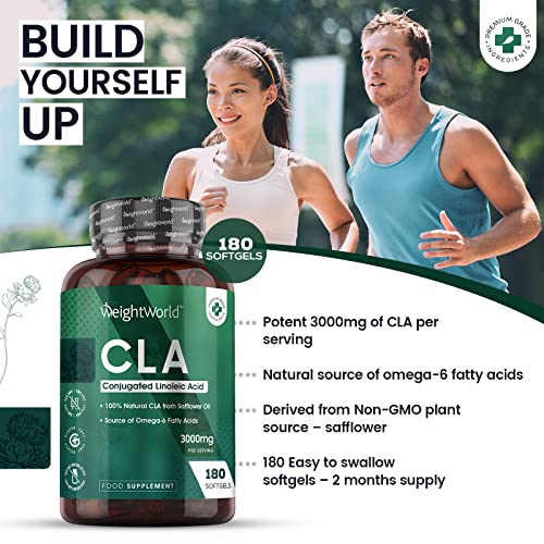 CLA Ácido Linoleico Conjugado 3000 mg 180 Cápsulas - Perlas de Ácido linoleico de Aceite de Cártamo Puro y Natural, Potente Fuente de Ácidos Grasos Omega 6, Suplemento Dietético, Sin Aditivos