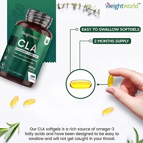 CLA Ácido Linoleico Conjugado 3000 mg 180 Cápsulas - Perlas de Ácido linoleico de Aceite de Cártamo Puro y Natural, Potente Fuente de Ácidos Grasos Omega 6, Suplemento Dietético, Sin Aditivos