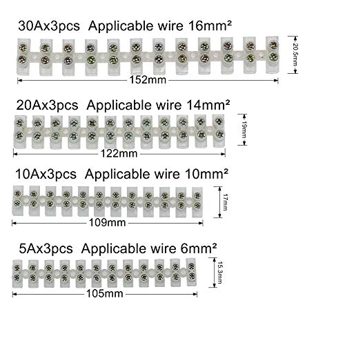 Claro Bloques de terminales eléctricos 5A 10A 20A 30A Dual Row 12 Posiciones Conector de cable Tornillo Bloque de terminales Paquete de 12