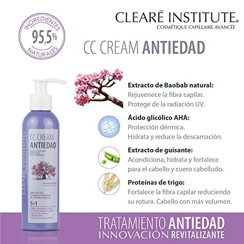 Clearé Institute CC Cream - Tratamiento Regenerador Antiedad | Aporta fuerza y Volumen | 95% Ingredientes Naturales | Aumenta Resistencia a la Rotura | Protector Térmico | Sin Parabenos - 200ml