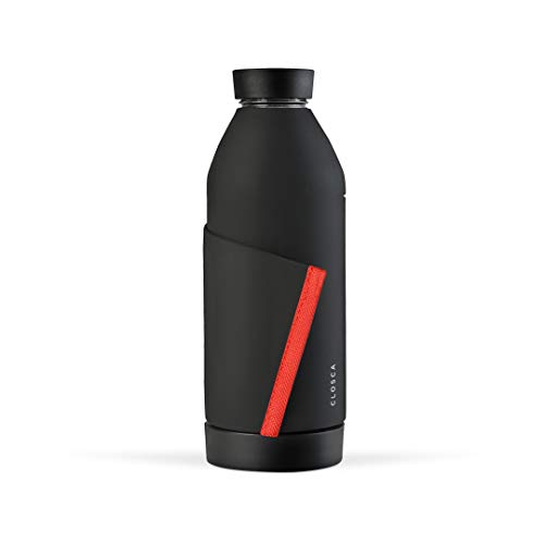 Closca Botella de Agua de Cristal 420ml Bottle. Cantimplora de Vidrio Libre de BPA. Doble Apertura y Solapa Elástica para fácil Transporte. (Black/Coral)