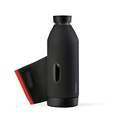 Closca Botella de Agua de Cristal 420ml Bottle. Cantimplora de Vidrio Libre de BPA. Doble Apertura y Solapa Elástica para fácil Transporte. (Black/Coral)