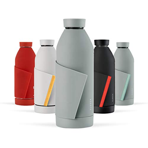 Closca Botella de Agua de Cristal 420ml Bottle. Cantimplora de Vidrio Libre de BPA. Doble Apertura y Solapa Elástica para fácil Transporte. (Gray/Nude)