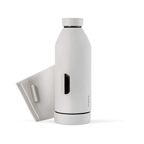 Closca Botella de Agua de Cristal 420ml Bottle. Cantimplora de Vidrio Libre de BPA. Doble Apertura y Solapa Elástica para fácil Transporte. (White/Nude)