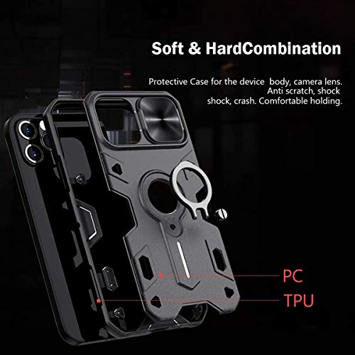 CloudValley Funda para iPhone 12 Pro MAX 6,7” con Tapa de Cámara y Soporte de Anillo de 360°, Resistente a los Impactos, a Prueba de Golpes, Fundas Protectora de Parachoques de PC, Negro