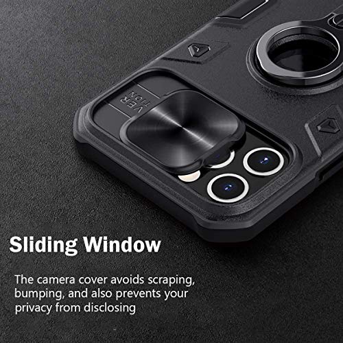 CloudValley Funda para iPhone 12 Pro MAX 6,7” con Tapa de Cámara y Soporte de Anillo de 360°, Resistente a los Impactos, a Prueba de Golpes, Fundas Protectora de Parachoques de PC, Negro