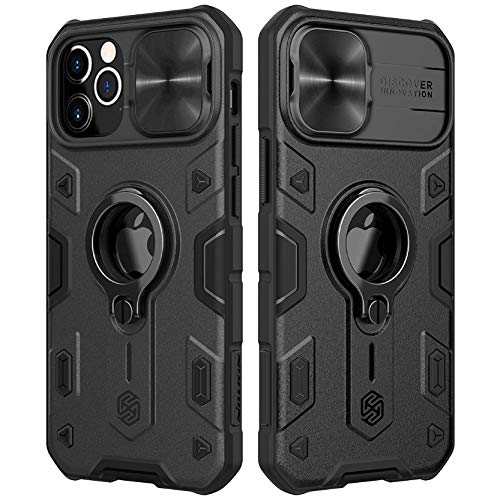 CloudValley Funda para iPhone 12 Pro MAX 6,7” con Tapa de Cámara y Soporte de Anillo de 360°, Resistente a los Impactos, a Prueba de Golpes, Fundas Protectora de Parachoques de PC, Negro