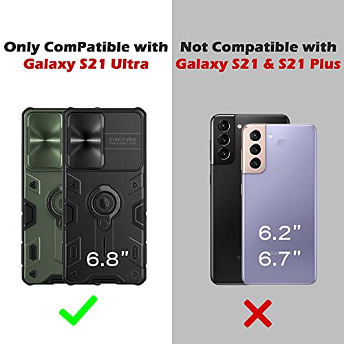 CloudValley Funda para Samsung Galaxy S21 Ultra 5G 6,8’’ con Tapa de Cámara y Soporte de Anillo de 360°, Resistente a los Impactos, a Prueba de Golpes, Fundas Protectora de de rígido PC, Verde