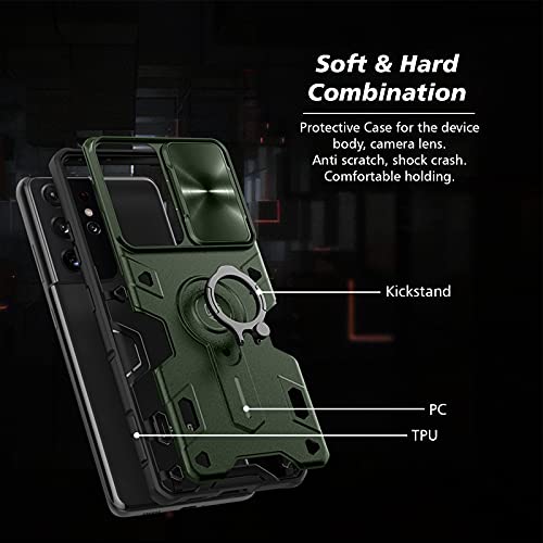 CloudValley Funda para Samsung Galaxy S21 Ultra 5G 6,8’’ con Tapa de Cámara y Soporte de Anillo de 360°, Resistente a los Impactos, a Prueba de Golpes, Fundas Protectora de de rígido PC, Verde