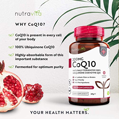 Coenzima Q10 200 mg - 100% Pura Fermentada Naturalmente - 120 Cápsulas Veganas de CoQ10 de Alta Potencia - Suministro para 4 Meses - Producto Elaborado en el Reino Unido por Nutravita