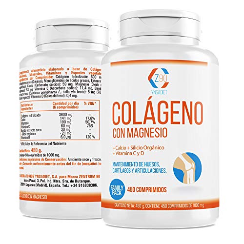Colágeno con Magnesio 450 Comprimidos| Colágeno Hidrolizado con Calcio + Vitamina C + Vitamina D| Energía y Articulaciones Fuertes| Z90
