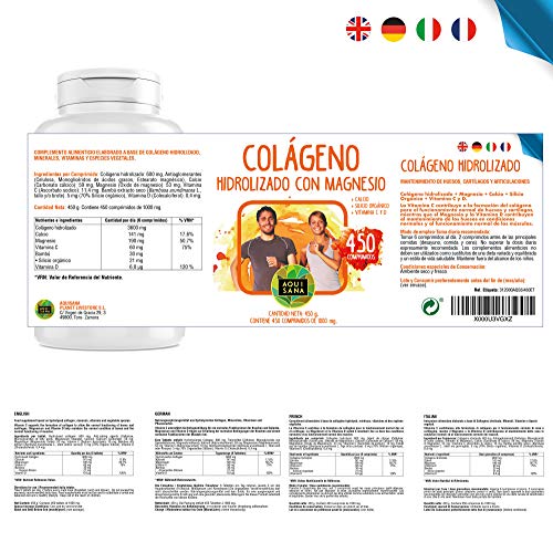 Colágeno con Magnesio 450 comprimidos | Colágeno Marino Hidrolizado+ Magnesio+ Calcio+ Vitamina C| Suplemento Articulaciones+ Piel+ Huesos| Aquisana