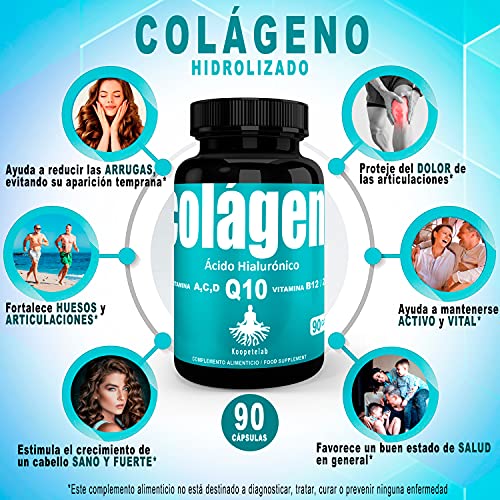 Colágeno hidrolizado con ácido hialurónico y coenzima Q10+vitamina C,A,D y B12+Zinc/Fórmula antiedad para una piel tersa y radiante/Ayuda a fortalecer las articulaciones, huesos y cabello/90 cápsulas