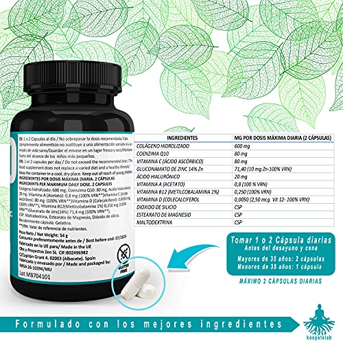 Colágeno hidrolizado con ácido hialurónico y coenzima Q10+vitamina C,A,D y B12+Zinc/Fórmula antiedad para una piel tersa y radiante/Ayuda a fortalecer las articulaciones, huesos y cabello/90 cápsulas